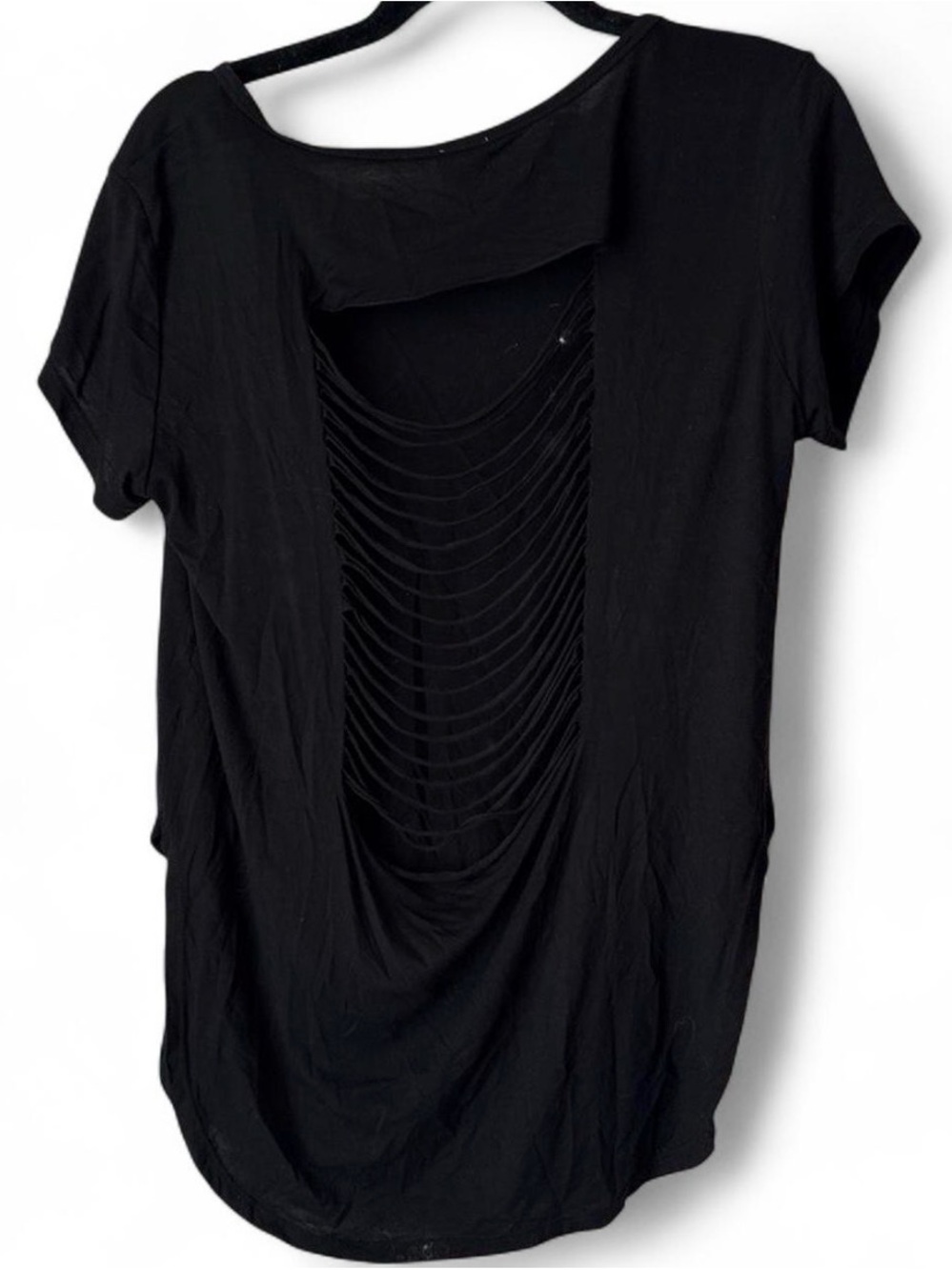 Black Distressed Backless Short Sleeve Top